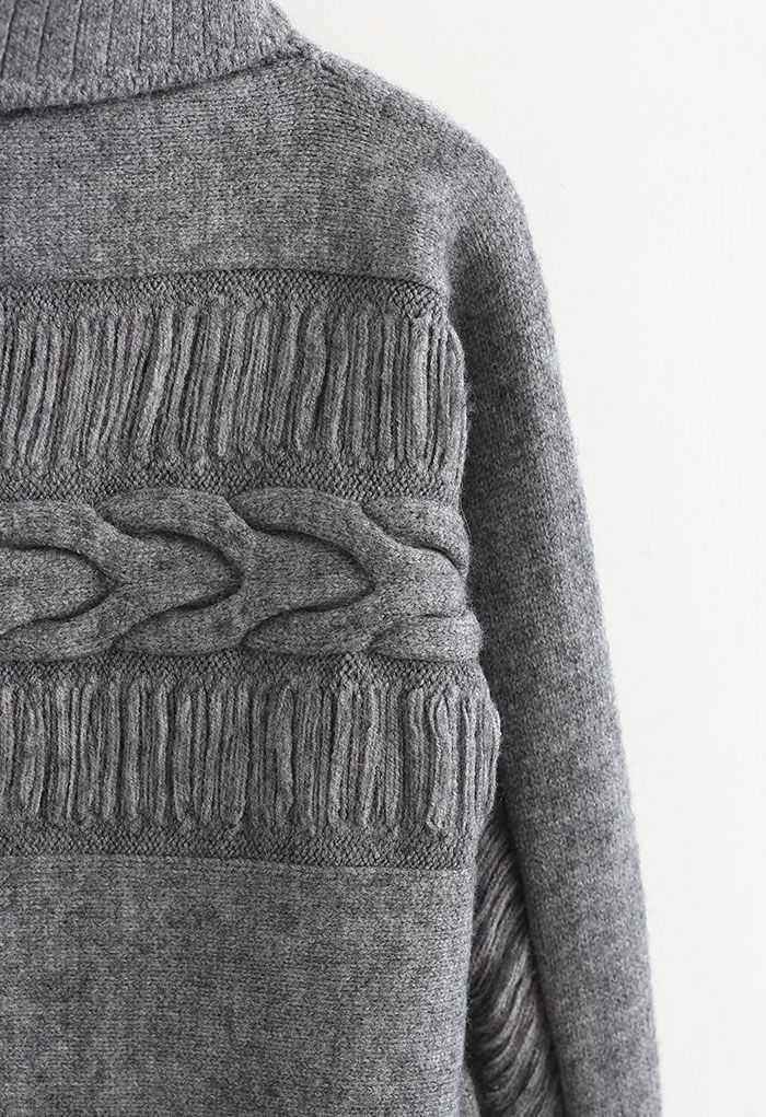 Fringed Detailing Turtleneck Knit Sweater in Grey