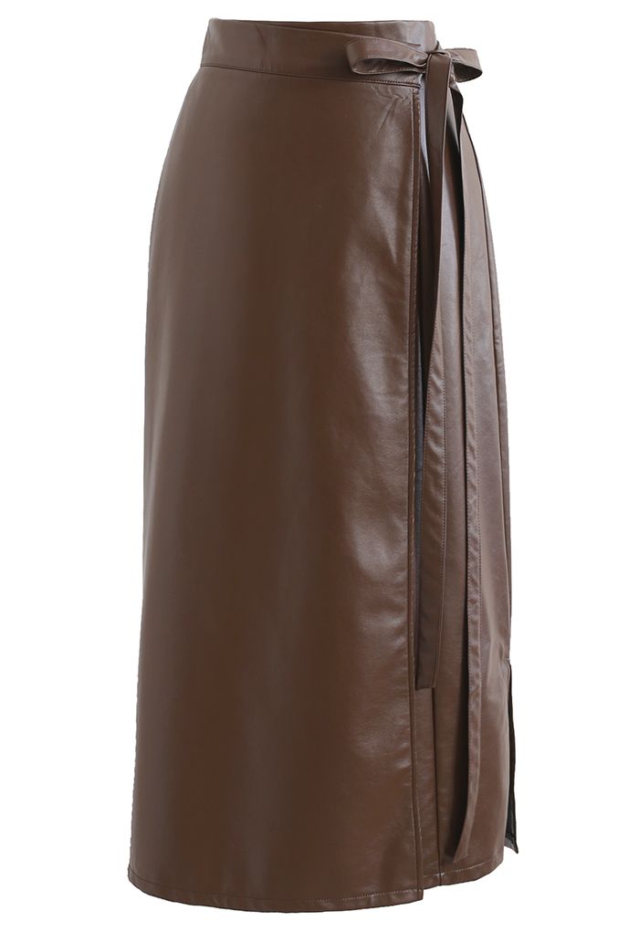 Tie-Waist Flap Front Faux Leather Midi Skirt in Brown