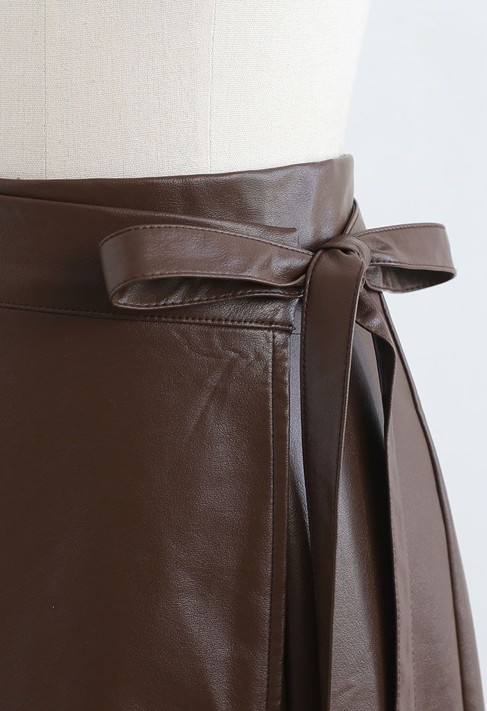 Tie-Waist Flap Front Faux Leather Midi Skirt in Brown