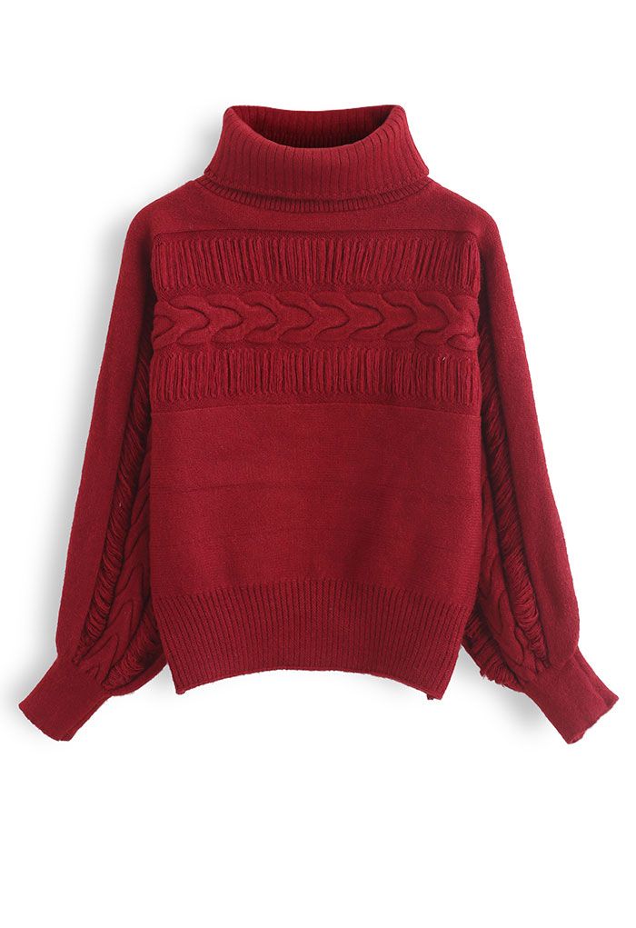 Fringed Detailing Turtleneck Knit Sweater in Red