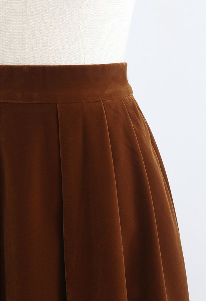 Velvet Sheen Pleated Midi Skirt in Brown - Retro, Indie and Unique Fashion