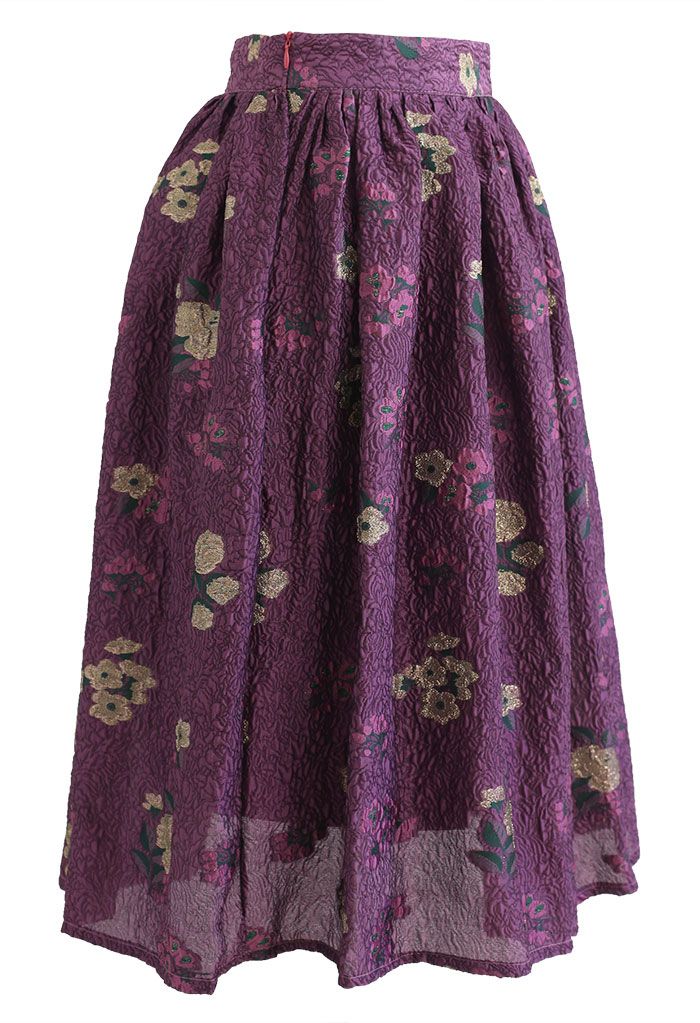 Floral Embossed Jacquard Midi Skirt in Purple