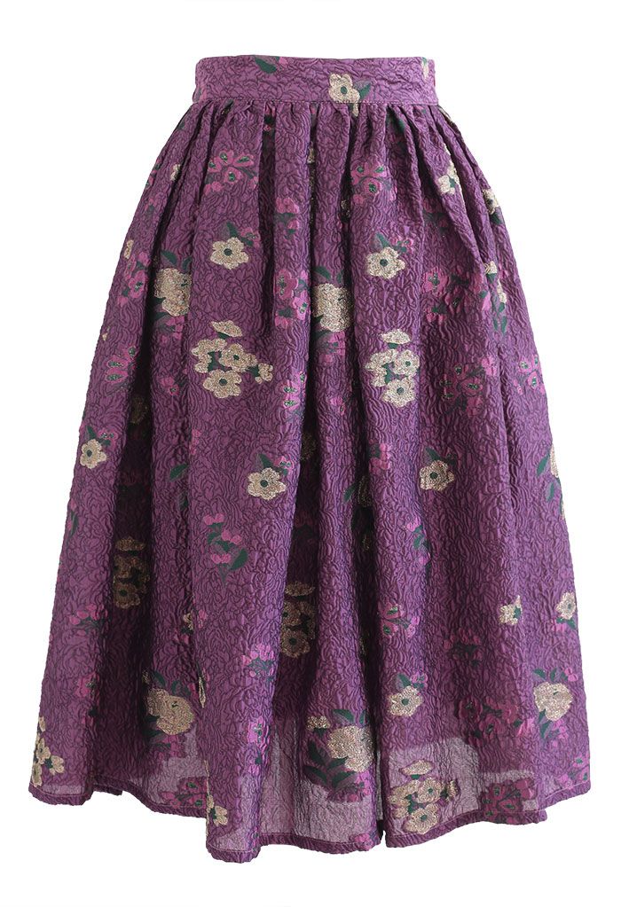 Floral Embossed Jacquard Midi Skirt in Purple