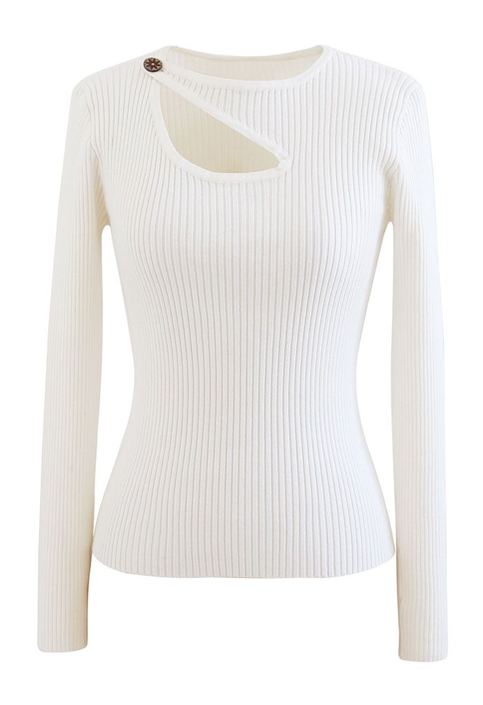 Buttoned Neck Cutout Rib Knit Top in White - Retro, Indie and Unique ...
