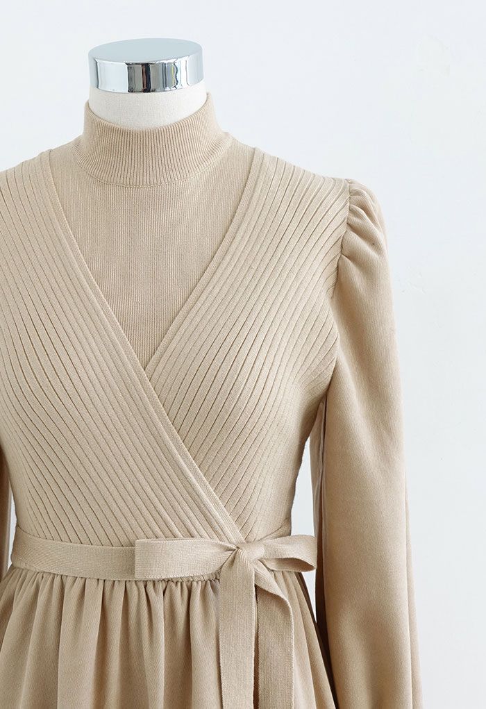 Fake Two-Piece Mock Neck Spliced Knit Dress in Light Tan