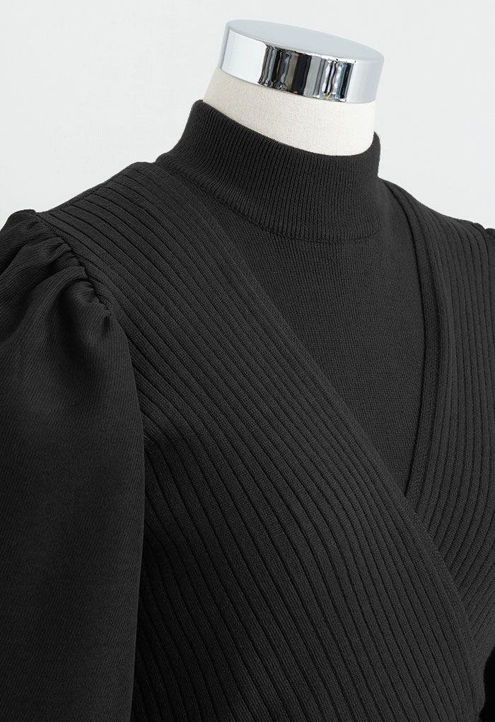 Fake Two-Piece Mock Neck Spliced Knit Dress in Black