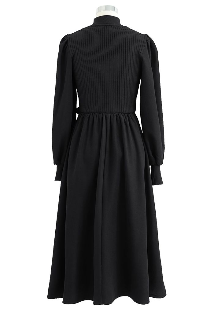 Fake Two-Piece Mock Neck Spliced Knit Dress in Black