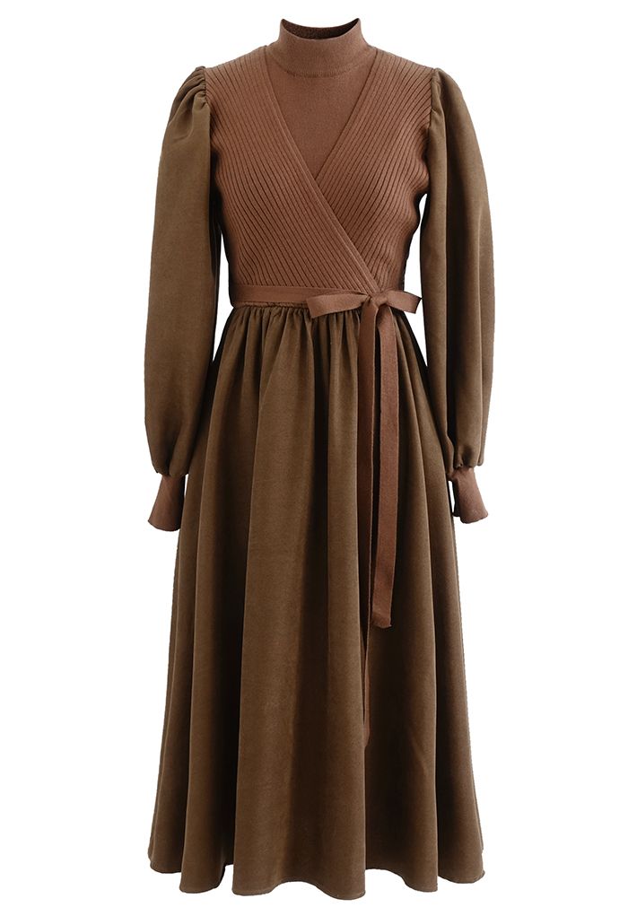 Fake Two-Piece Mock Neck Spliced Knit Dress in Brown