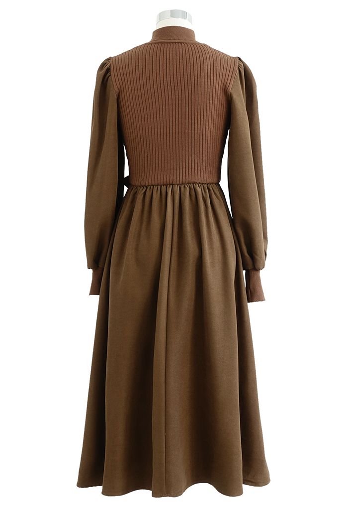 Fake Two-Piece Mock Neck Spliced Knit Dress in Brown