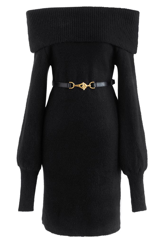 Off-Shoulder Soft Knit Belted Mini Dress in Black
