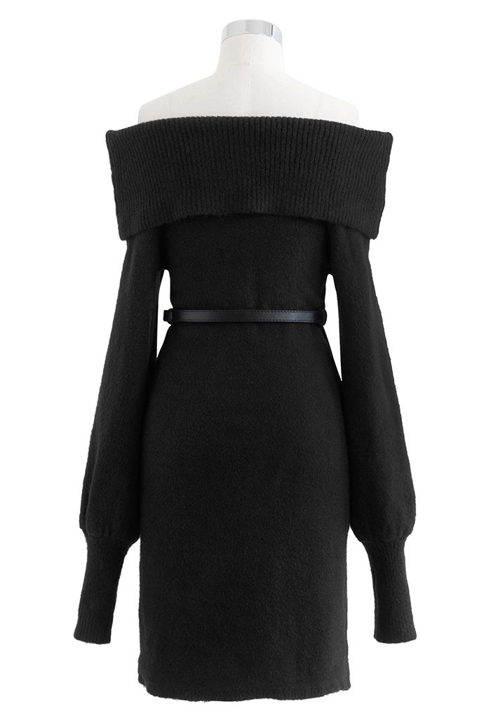 Off-Shoulder Soft Knit Belted Mini Dress in Black