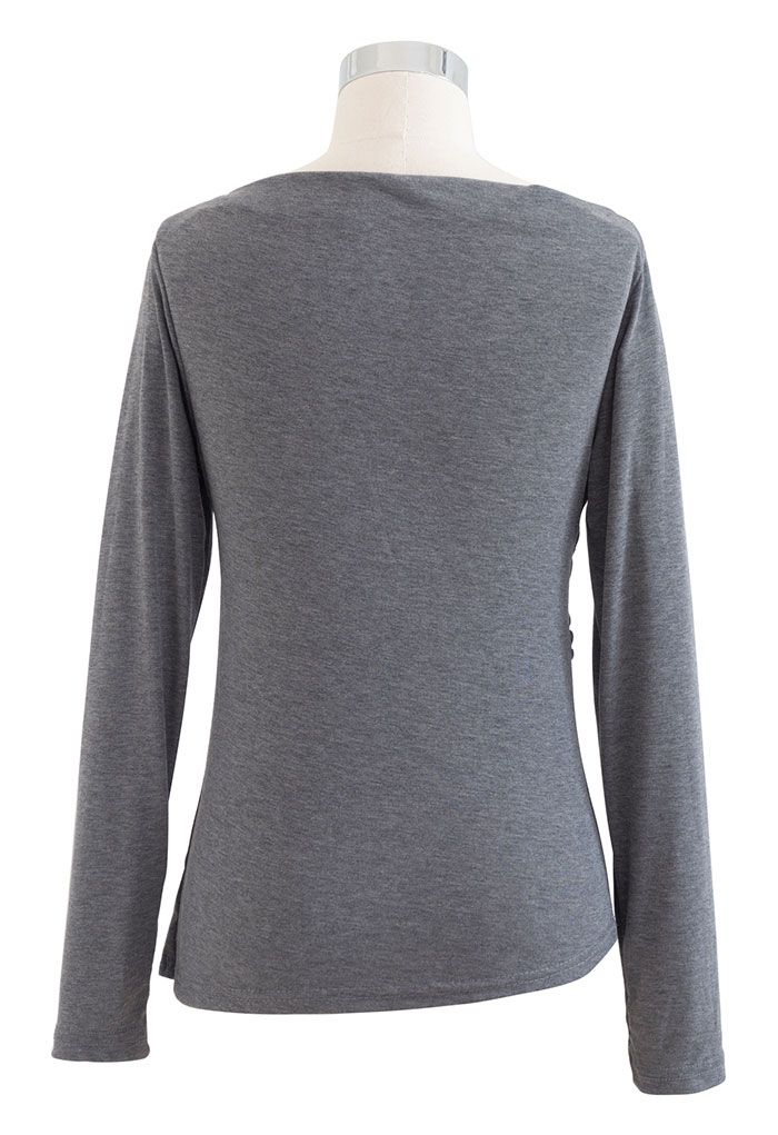 Ruched Front Long Sleeve Top in Grey - Retro, Indie and Unique Fashion