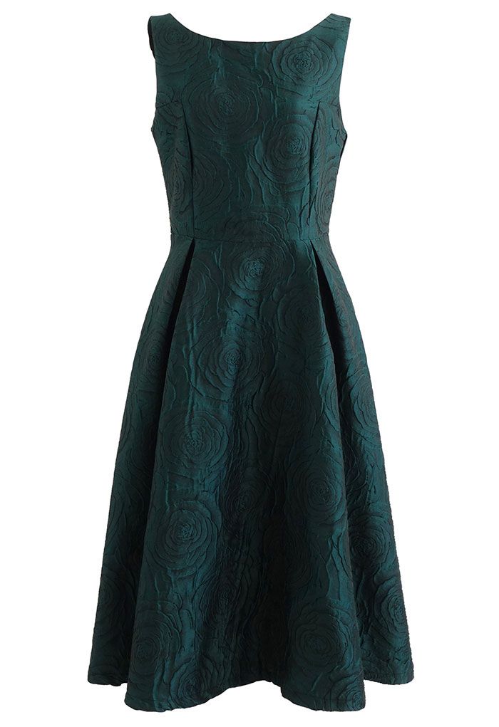 Rose Field Embossed Sleeveless Flare Dress in Emerald - Retro, Indie ...