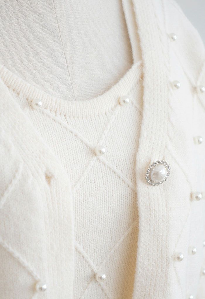 Lacy Spliced Cami Knit Dress and Pearly Cardigan Set in Cream