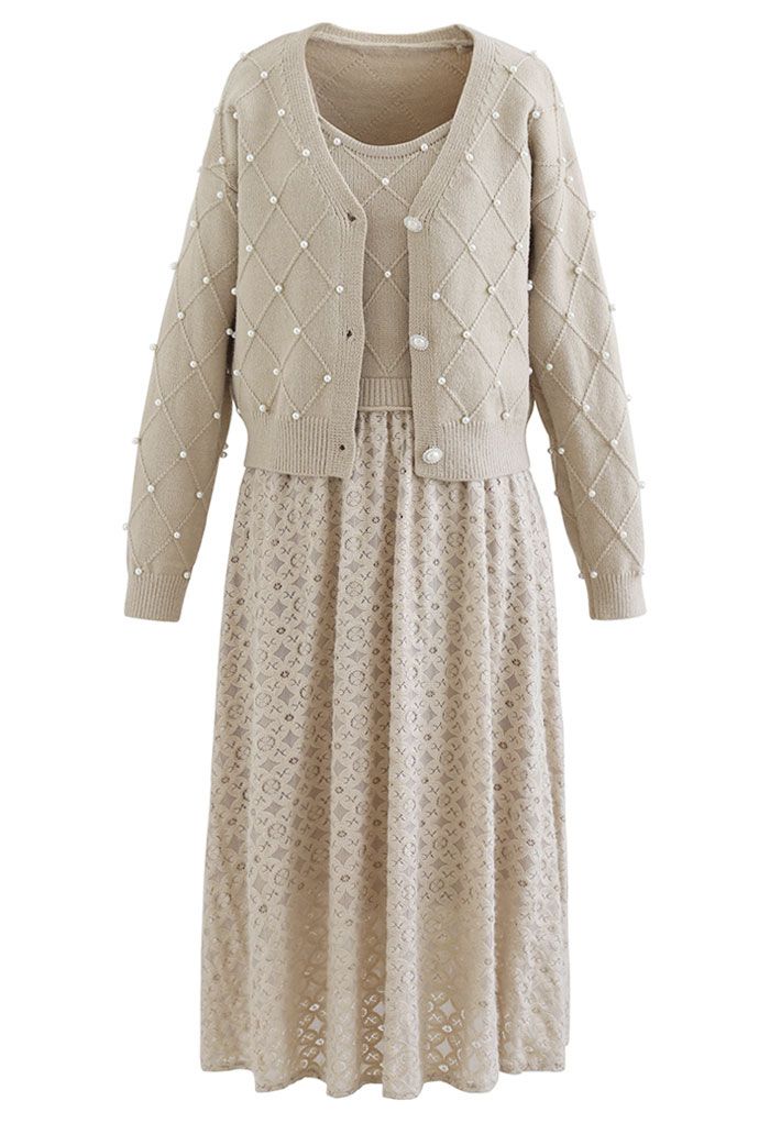 Lacy Spliced Cami Knit Dress and Pearly Cardigan Set in Camel