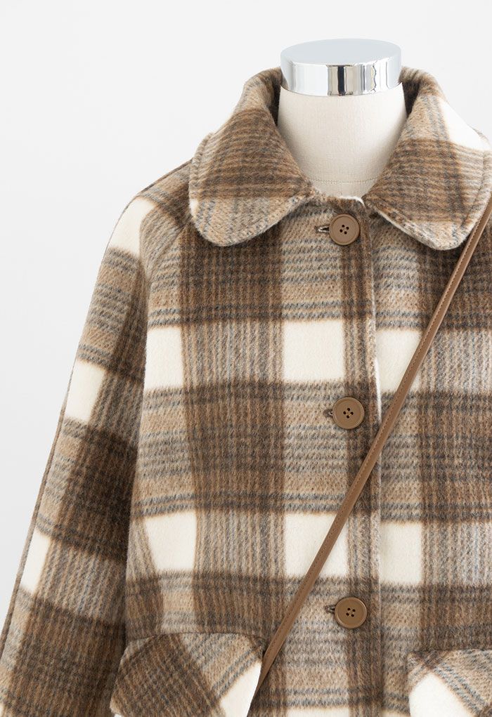 Plaid Wool-Blend Longline Coat with Crossbody Phone Case in Light Tan