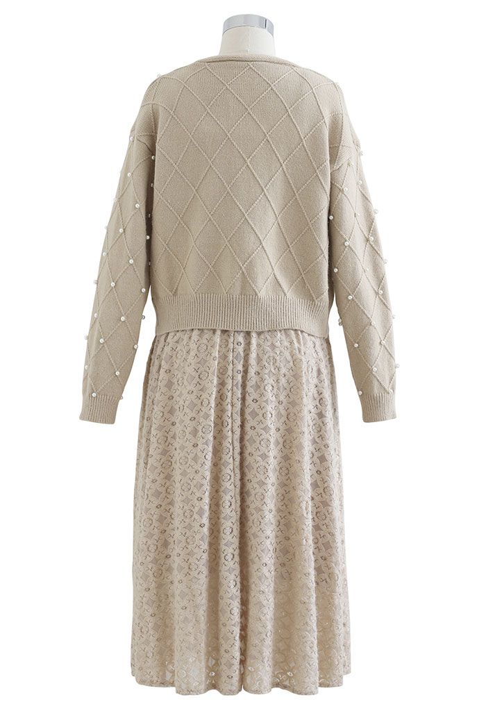 Lacy Spliced Cami Knit Dress and Pearly Cardigan Set in Camel