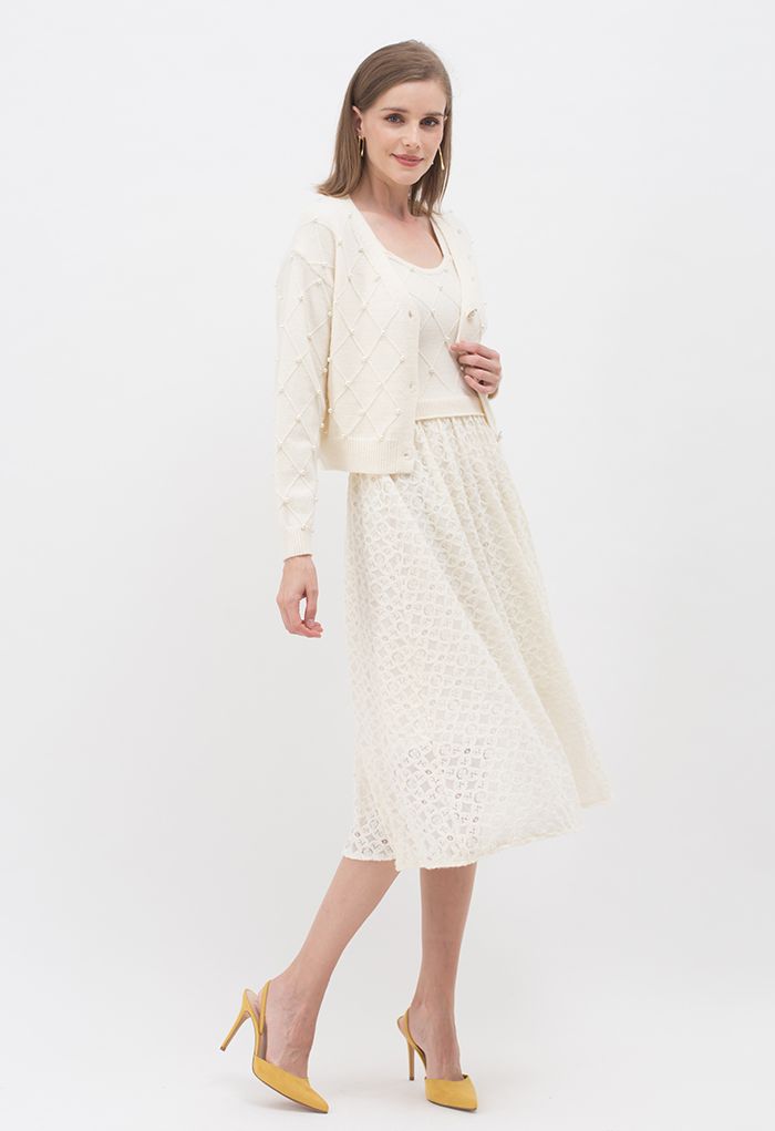 Lacy Spliced Cami Knit Dress and Pearly Cardigan Set in Cream