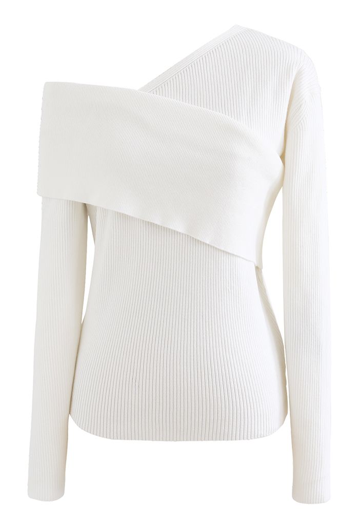 Flexible Oblique Shoulder Knit Sweater in White