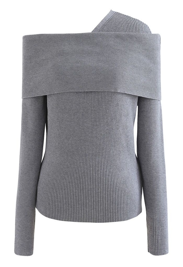 Flexible Oblique Shoulder Knit Sweater in Grey