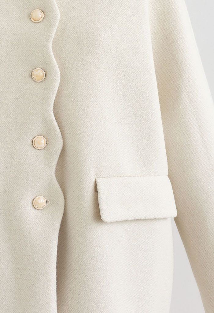 Scalloped Edge Buttoned Wool-Blend Longline Coat in Ivory - Retro ...