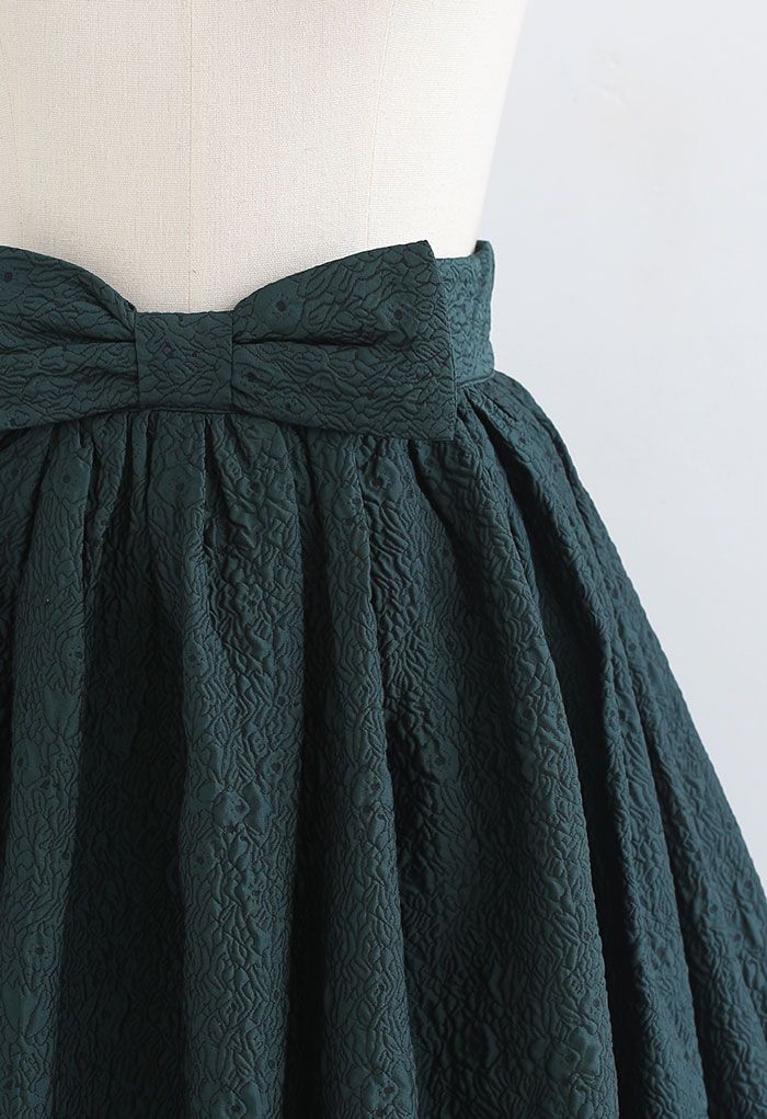 Bowknot Waist Florets Jacquard Midi Skirt in Green