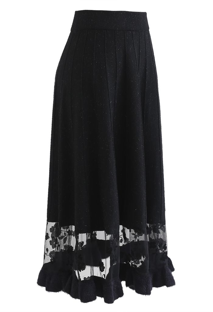 Floral Mesh Spliced Shimmer Knit Skirt in Black - Retro, Indie and ...