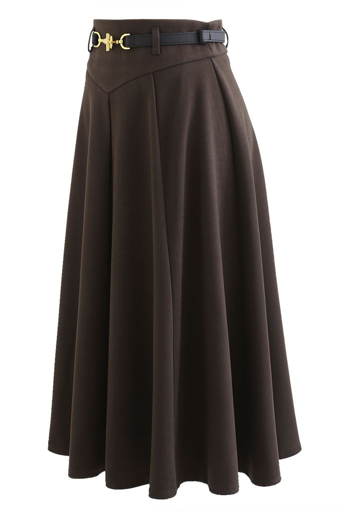 Metallic Buckle Belt A-Line Midi Skirt in Brown