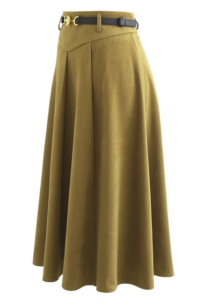 Metallic Buckle Belt A-Line Midi Skirt in Moss Green - Retro, Indie and ...