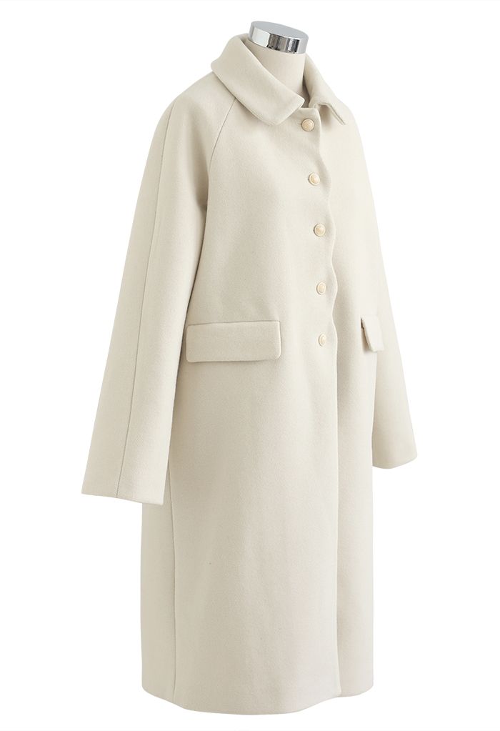 Scalloped Edge Buttoned Wool-Blend Longline Coat in Ivory
