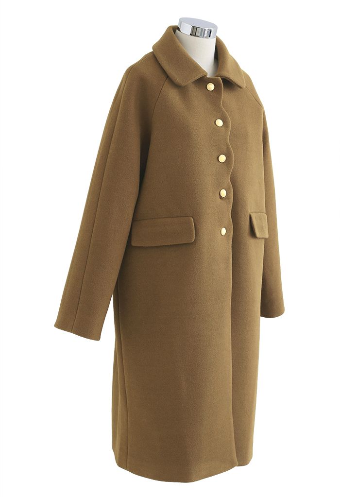 Scalloped Edge Buttoned Wool-Blend Longline Coat in Olive