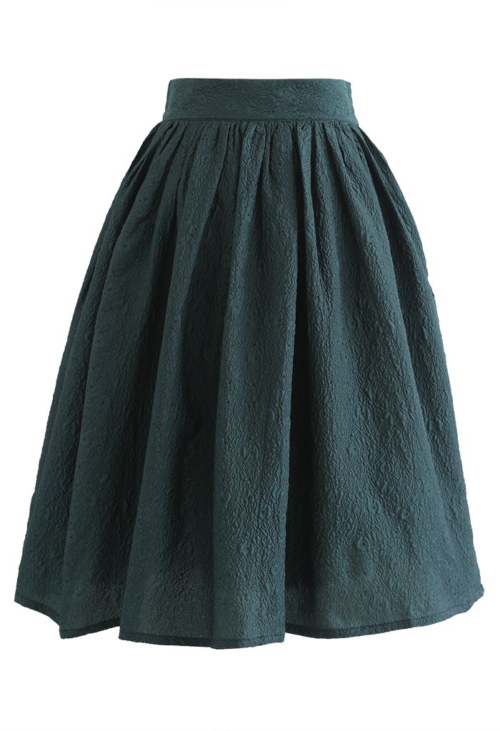 Bowknot Waist Florets Jacquard Midi Skirt in Green