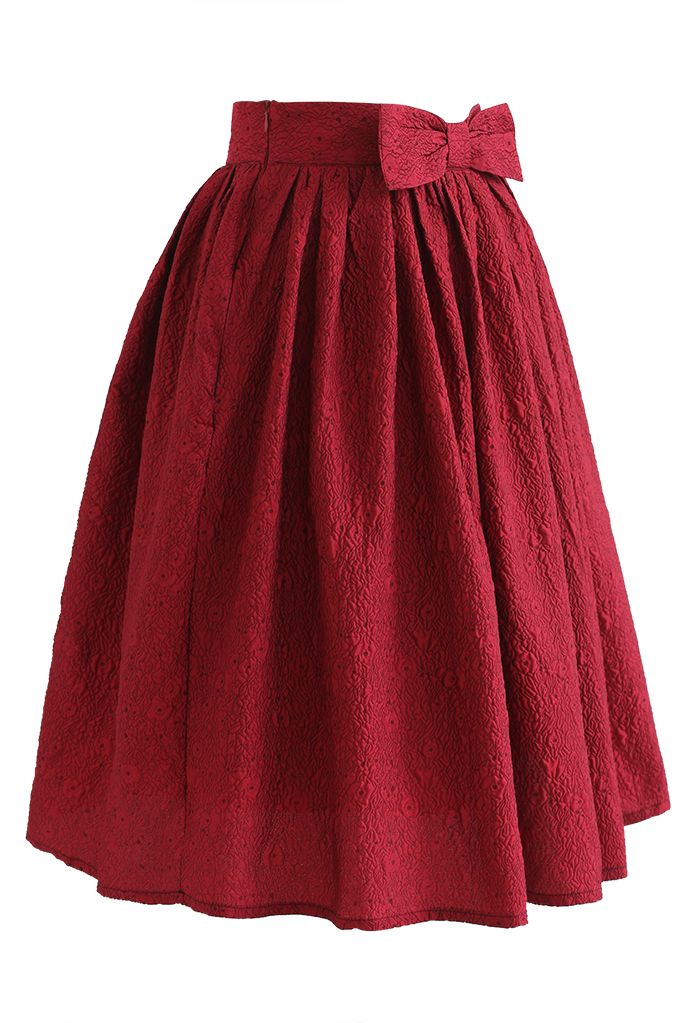 Bowknot Waist Florets Jacquard Midi Skirt in Red - Retro, Indie and ...