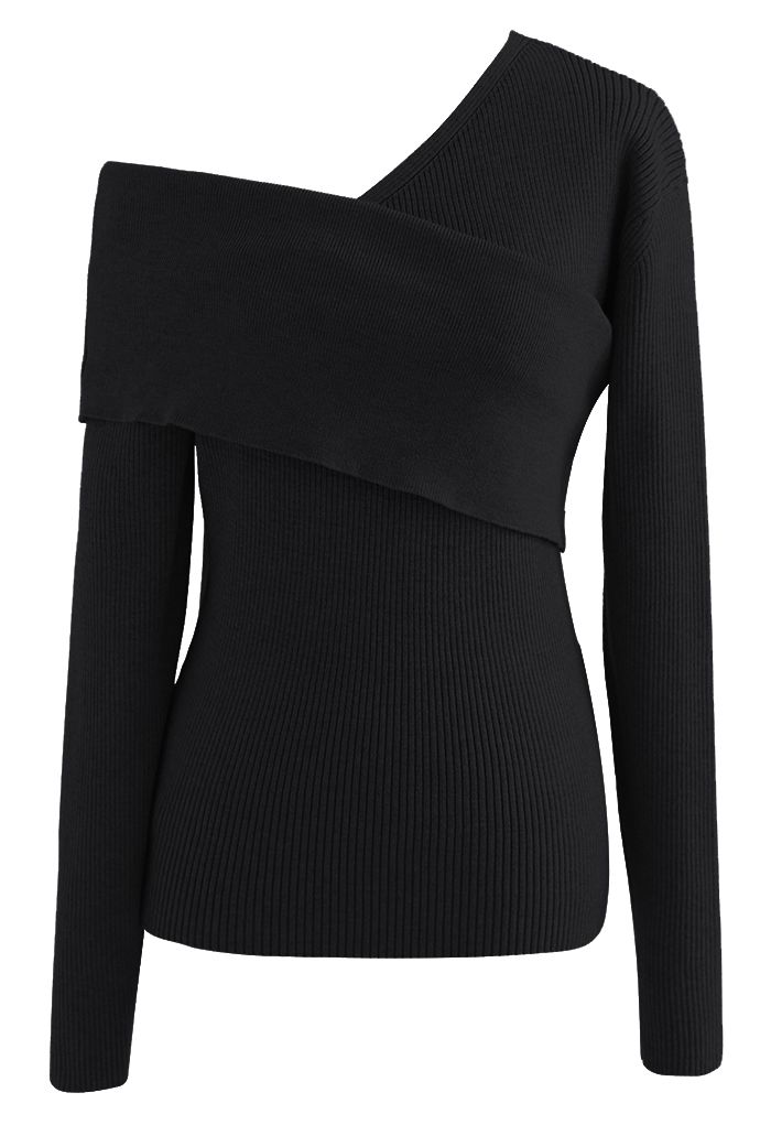 Flexible Oblique Shoulder Knit Sweater in Black