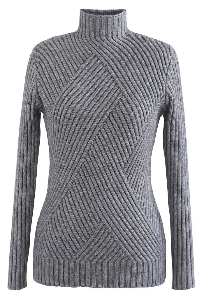 Mock Neck Long Sleeve Fitted Knit Top in Grey