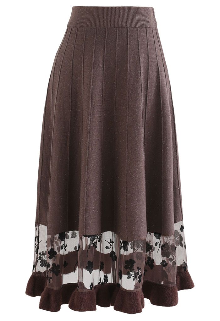 Floral Mesh Spliced Shimmer Knit Skirt in Brown - Retro, Indie and ...