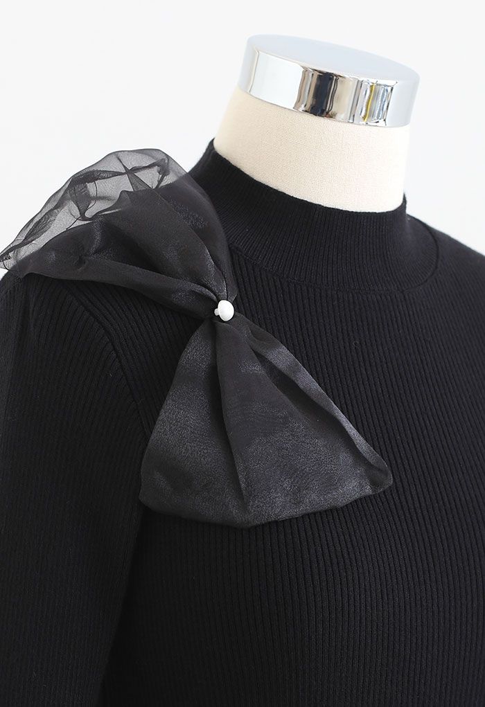 Sheer Side Bowknot High Neck Knit Top in Black - Retro, Indie and ...