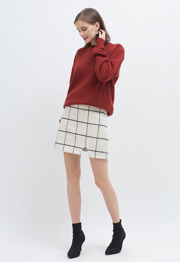 White Grid Wool-Blend Mini Bud Skirt