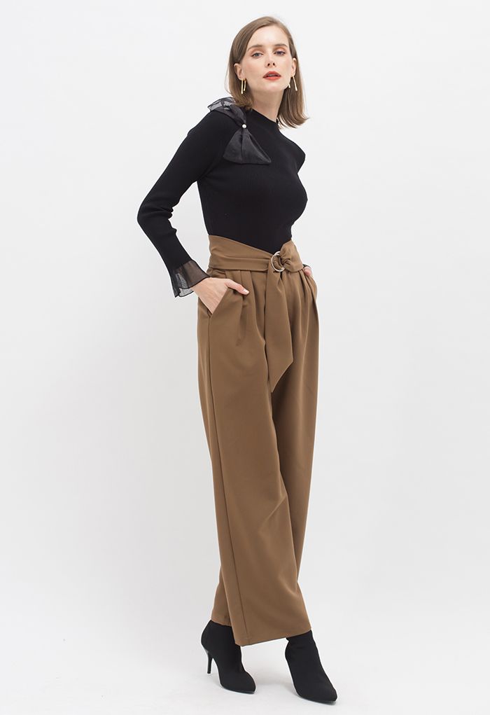 O-Ring Knotted Waist Wide Leg Pants in Olive