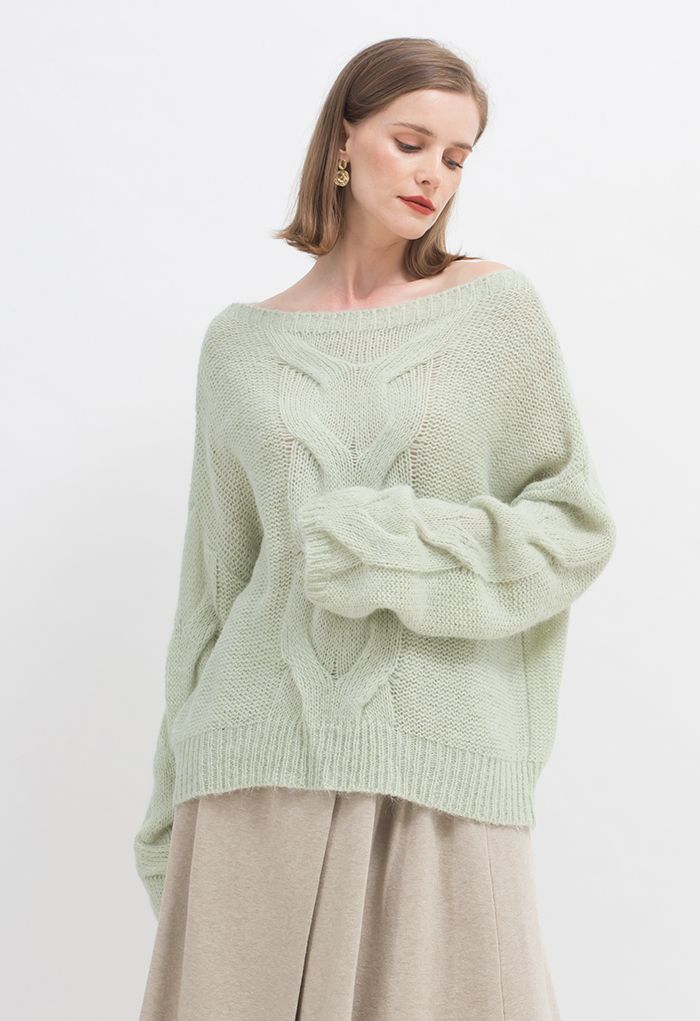 Boat Neck Cable Knit Oversized Sweater in Pistachio - Retro, Indie and ...