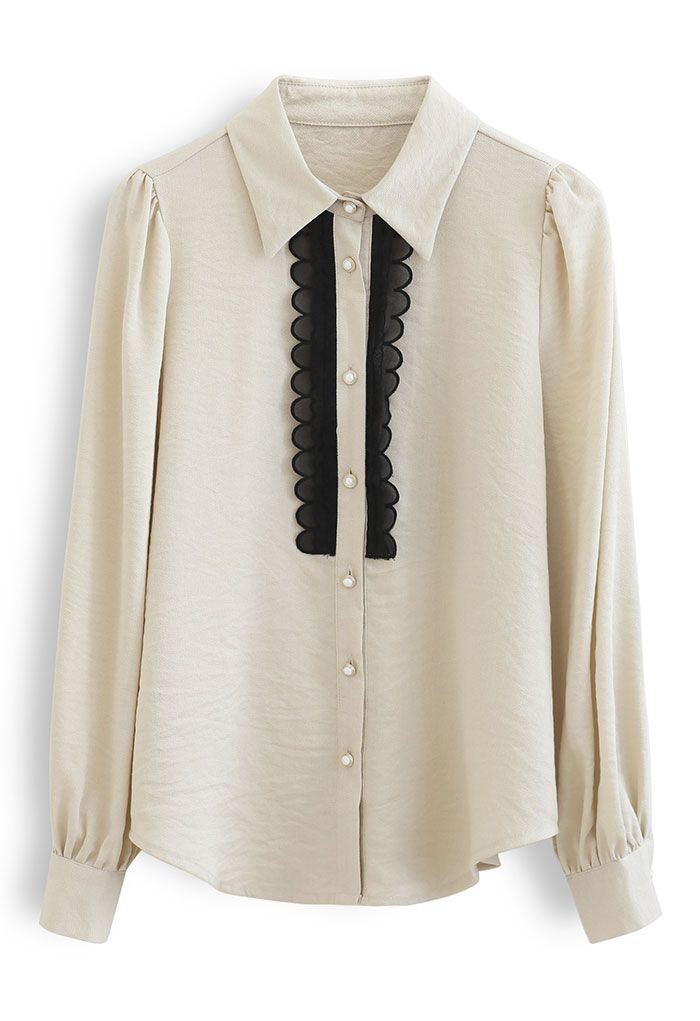Scalloped Mesh Decorated Button Down Shirt in Sand