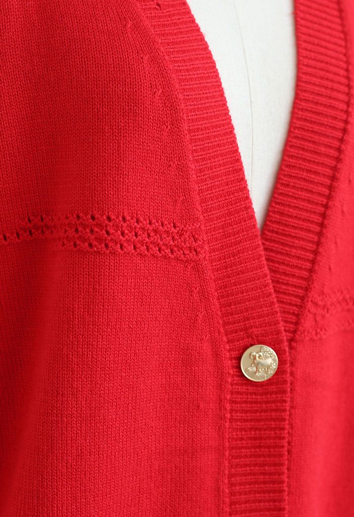 Golden Button Ripped Cardigan in Red