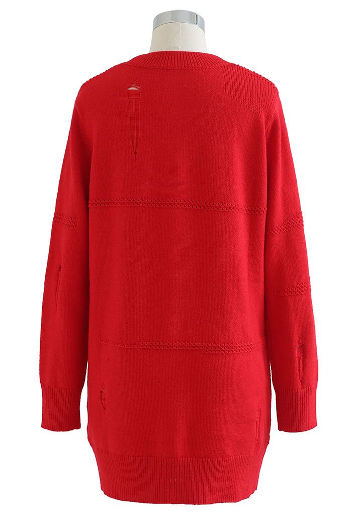 Golden Button Ripped Cardigan in Red