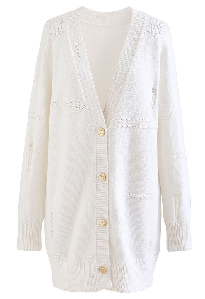 Golden Button Ripped Cardigan in White