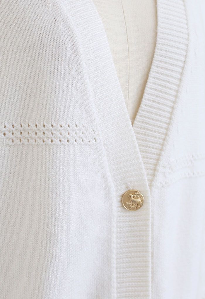 Golden Button Ripped Cardigan in White