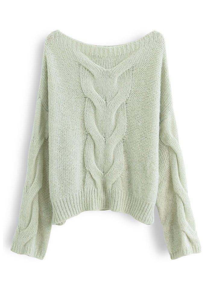 Boat Neck Cable Knit Oversized Sweater in Pistachio