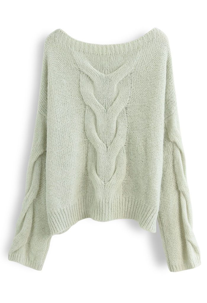 Boat Neck Cable Knit Oversized Sweater in Pistachio