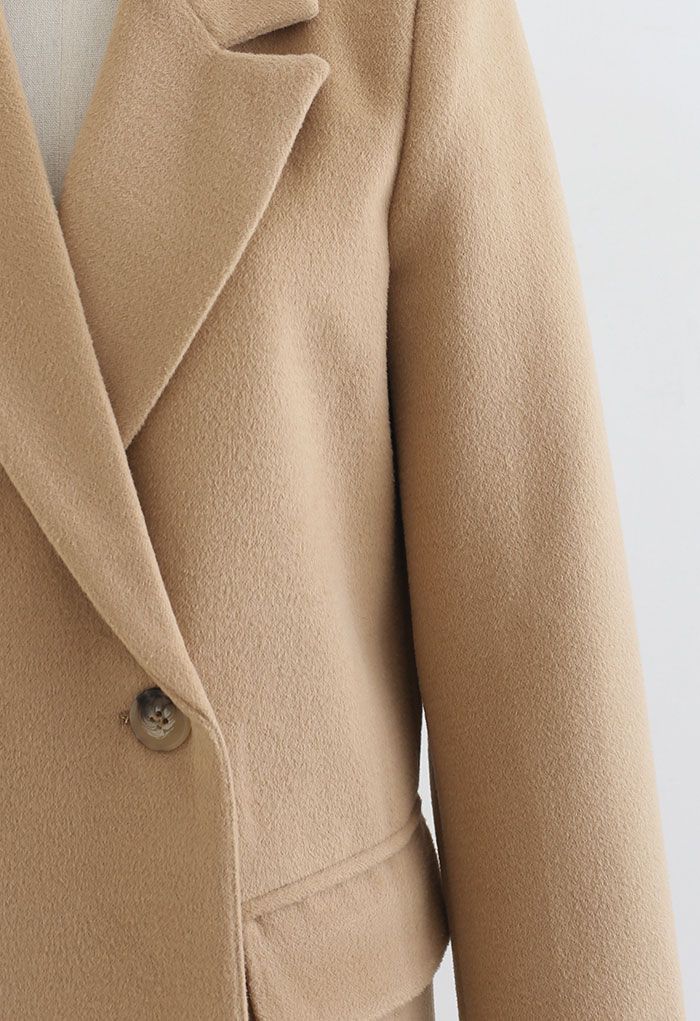 Front Pockets Wool-Blended Longline Blazer in Tan