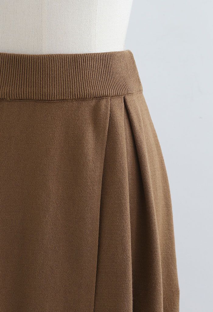 All-Match Flap A-Line Knit Skirt in Caramel