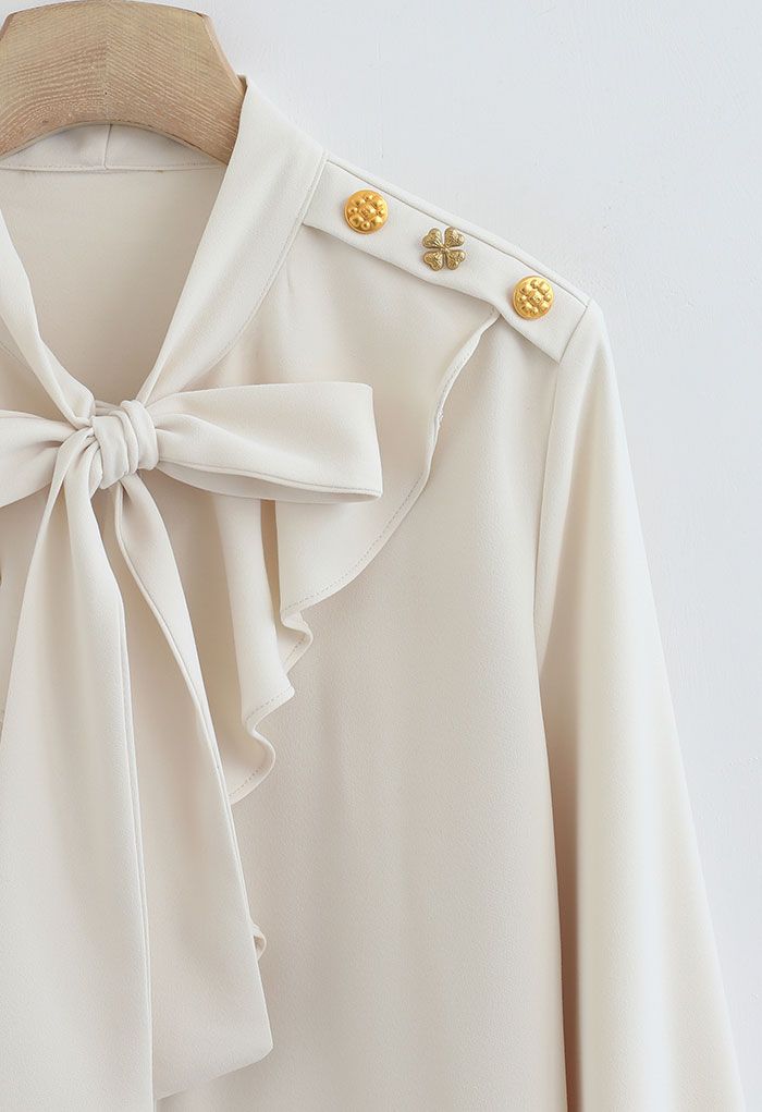 Buttoned Shoulder Ruffle Bowknot Shirt in Ivory